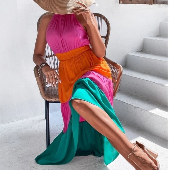 Boho Multi Color Shirred Halter Ruffle Hem Maxi Dress - Picture 2 of 6